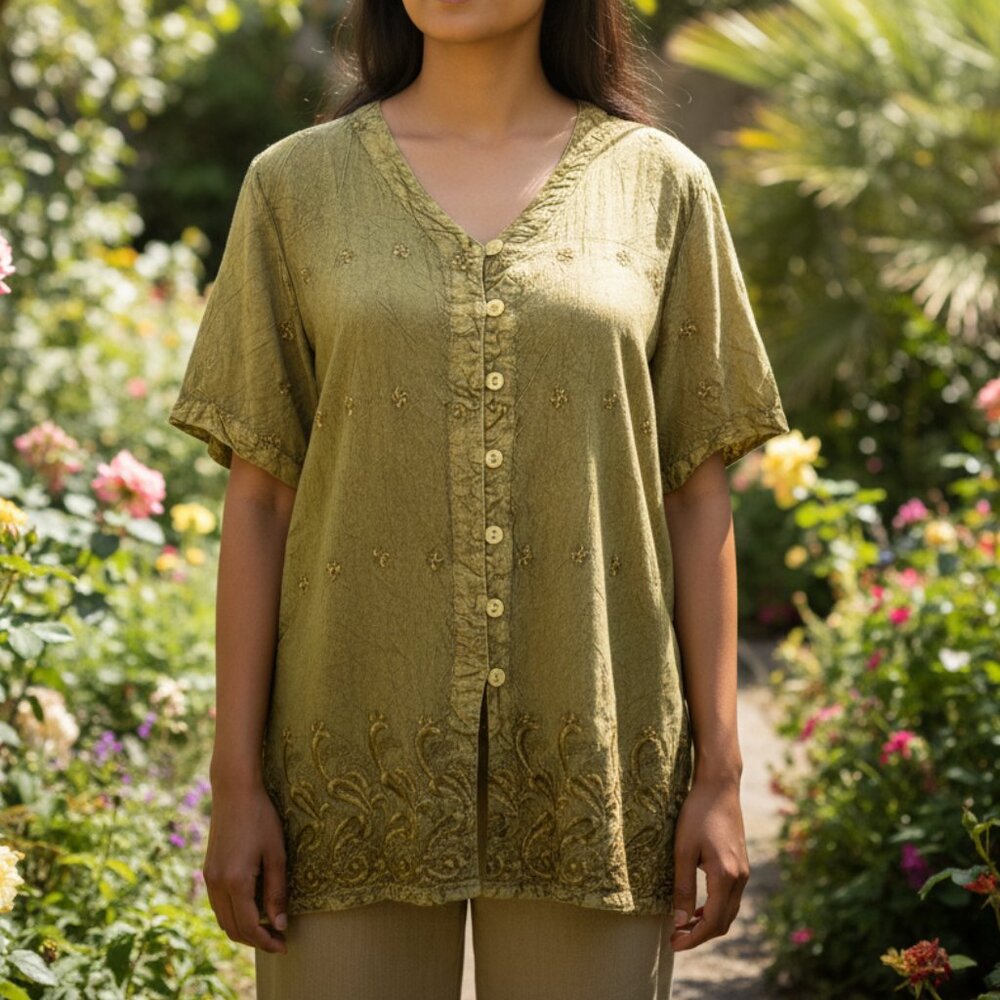 VTG 90s MPH Top L Tunic Green SS Ethnic Cottage Earthy Gorpcore Grunge Boho Chic